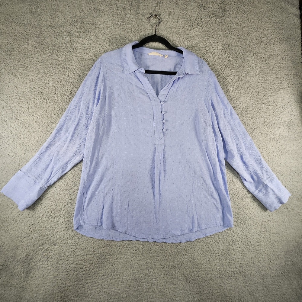 Soft Surroundings Top Womens 1X Blue Gauzey V‎ Neck Collared Woven Seersucker